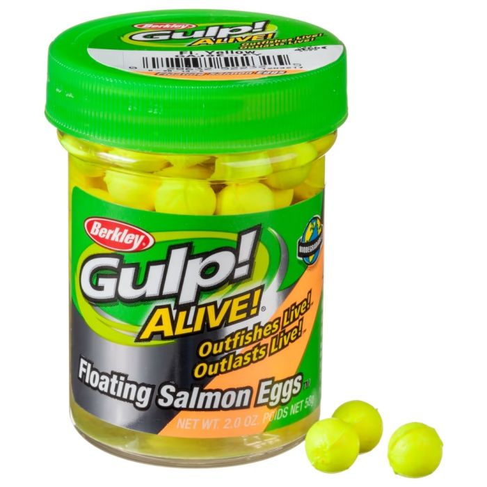 Naluca Berkley Gulp Alive Floating Salmon Eggs, Fluorescent Yellow, 67buc/borcan